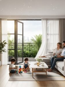 "Living room with sliding mosquito doors keeping home fresh and pest-free