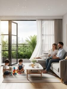 "Living room with sliding mosquito doors keeping home fresh and pest-free