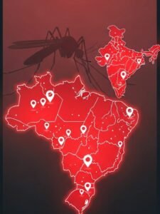 Brazil and India dengue outbreak health alert with mosquito graphic"