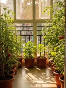 Balcony tomato plants growing in pots with sunlight in India