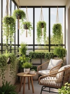 Balcony with hanging plants and mosquito screens for greenery and bug protection